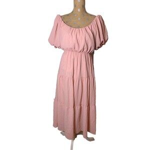Astr The Label Women Pink Tiered Dress Gauze Cottage Puff Sleeves Romantic Small